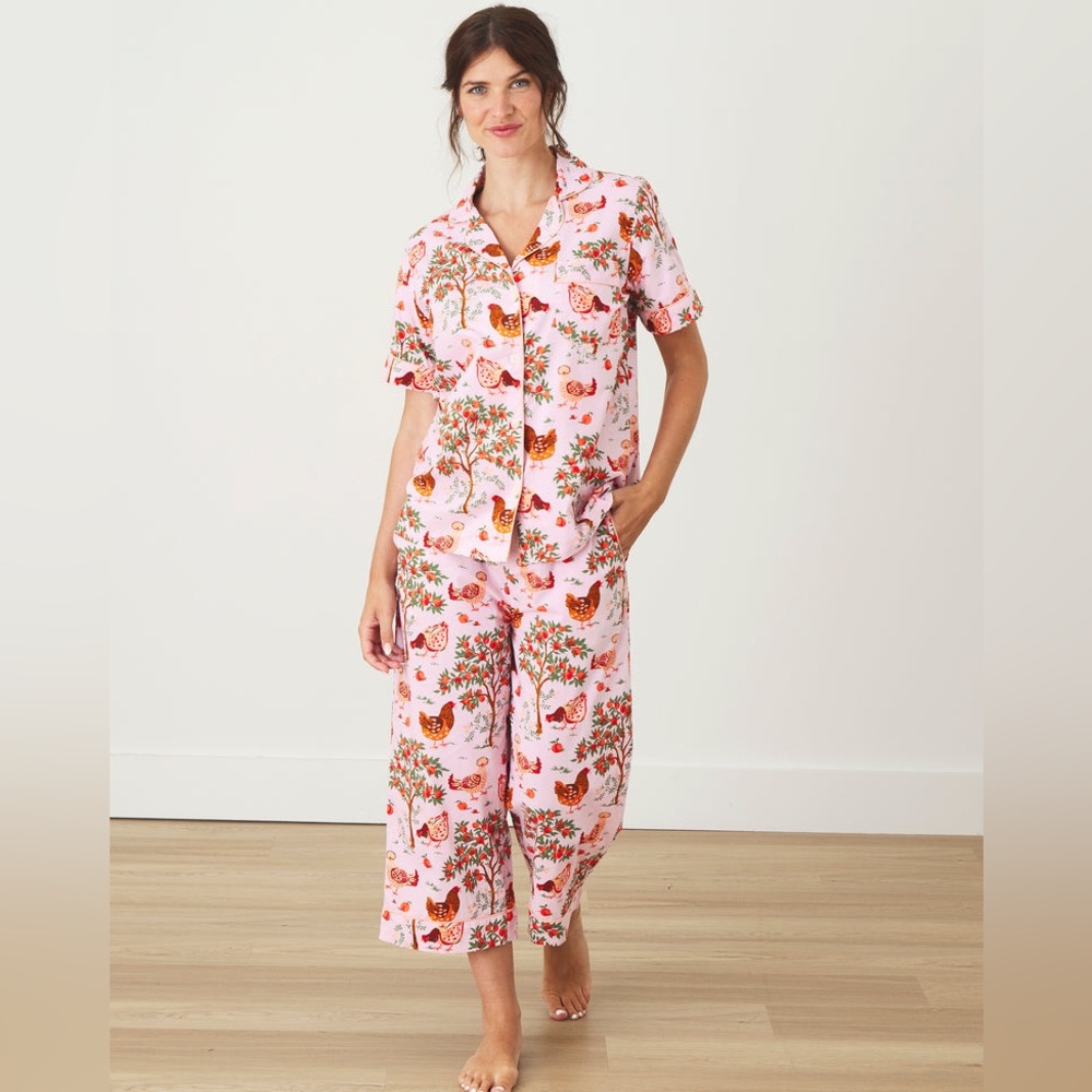PRINTFRESH 100% Organic Cotton Top & Cropped Pants Hen House Ballet Pink XXS GUC - Picture 3 of 14